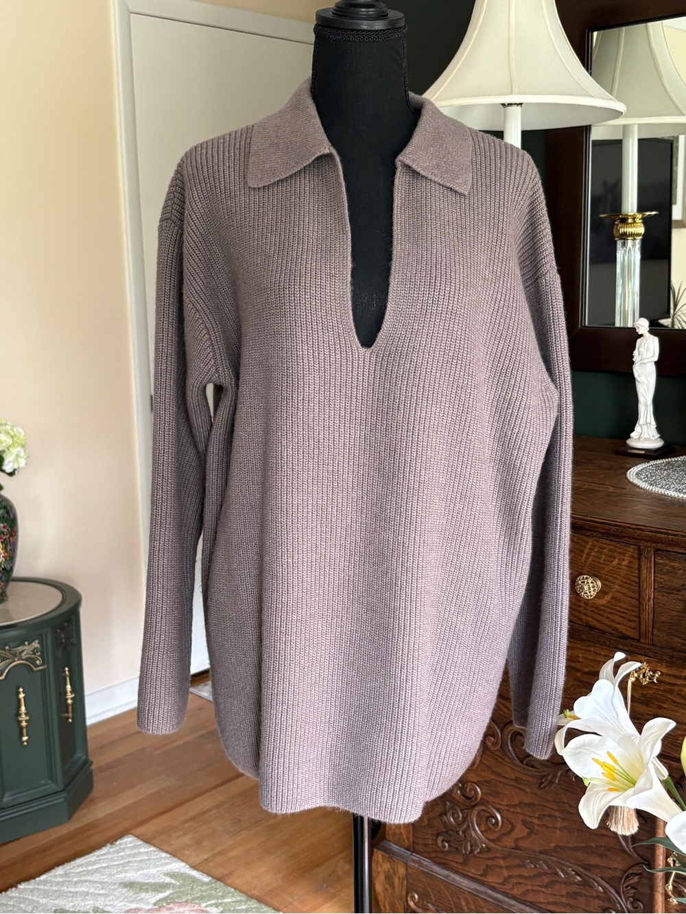 H&M Oversized Ribbed Knit Polo Sweater Taupe Brown V-Neck Tunic Size XL